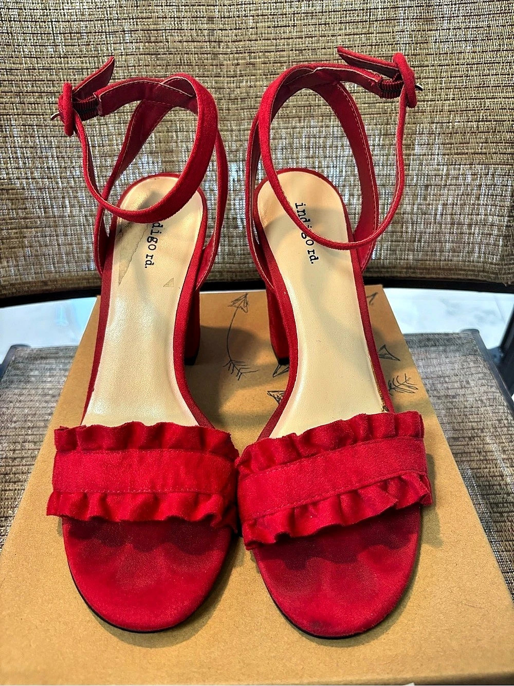 Indigo rd. Sandie Red Fabric Ruffle Block Heel Sandal